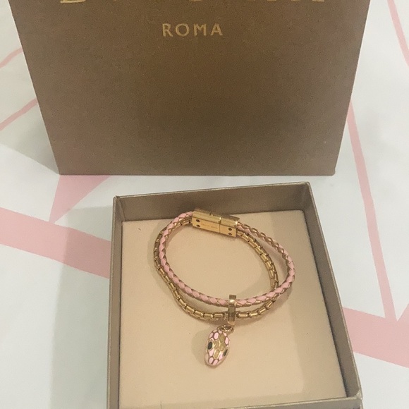 Bvlgari Snake Head Charm Metal Calfskin Bracelet Size 14.5cm - Picture 9 of 11